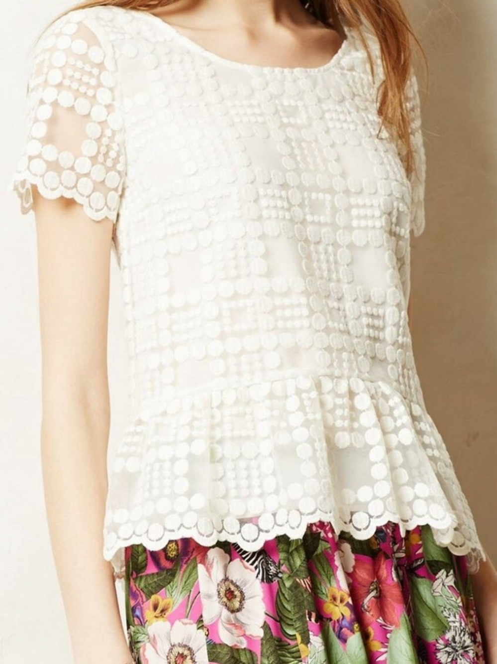 Anthropologie Ivory Dot Lace Peplum Blouse
